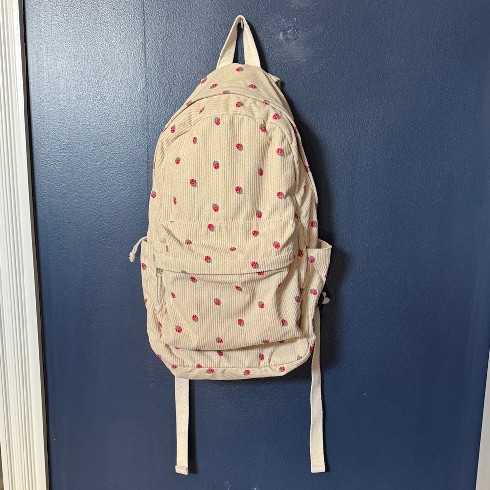 Beige Backpack Corduroy with Strawberries